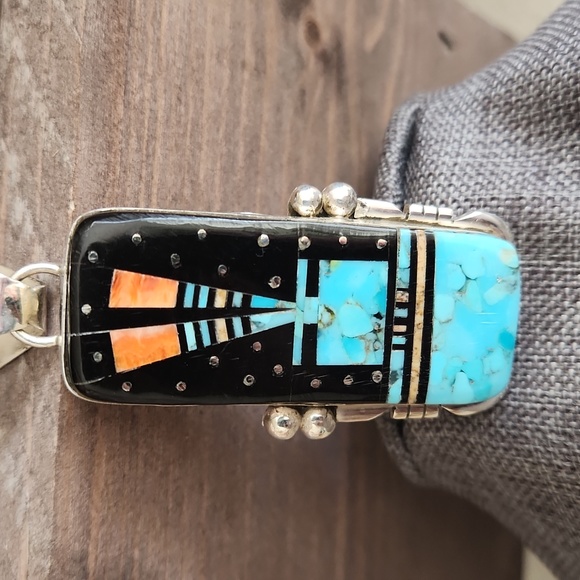 Amazing Handmade Native American Navajo Inlaid Pendant by Ray Jack 💙🖤🩵 - Picture 12 of 16